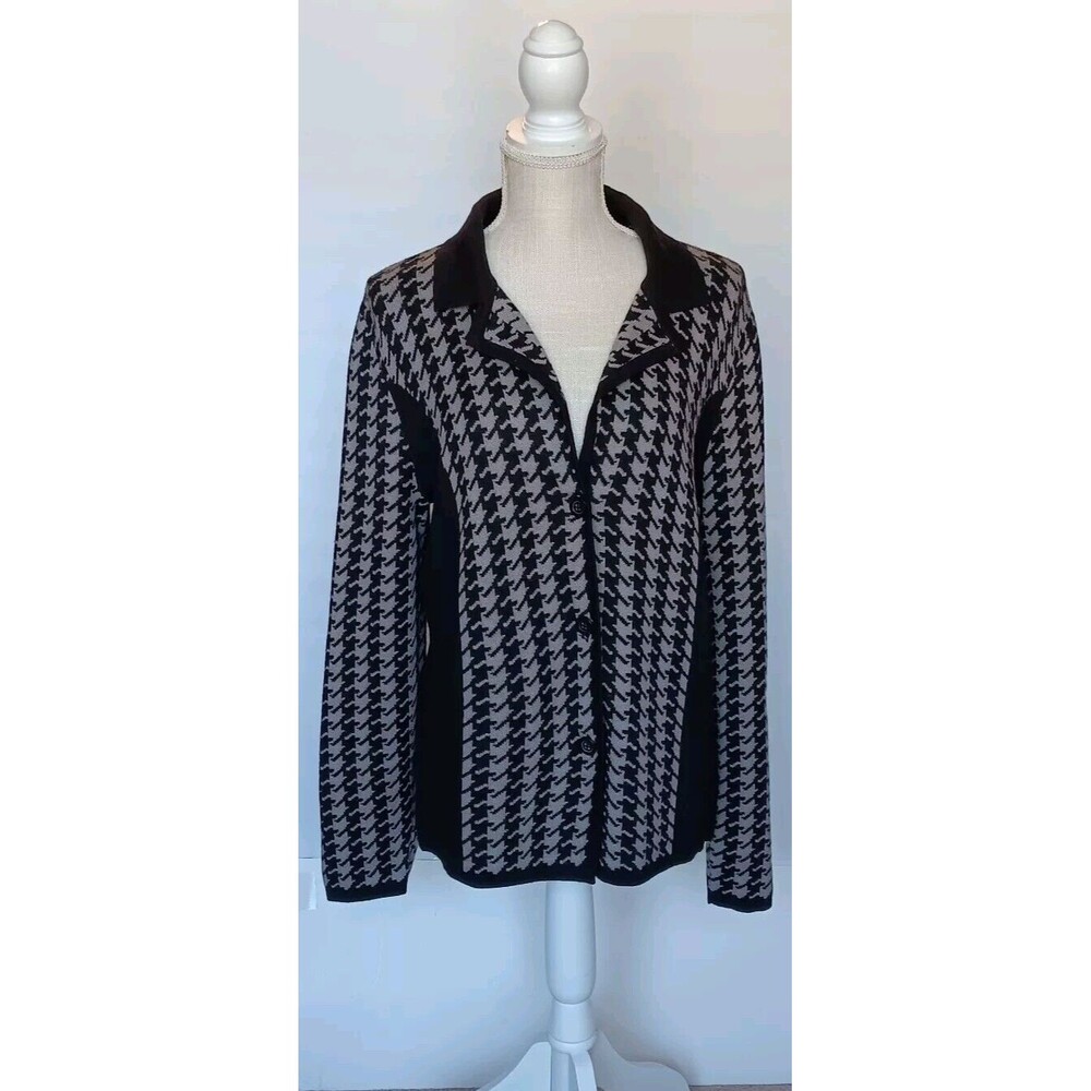 Anne Klein Sz L Cotton Blend w/Angora Black/Gray Button-up Houndstooth Cardigan